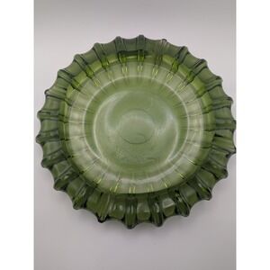 Vintage Emerald Green Glass Ashtray 10" Sunburst Ruffled Edge Heavy Glass Decor